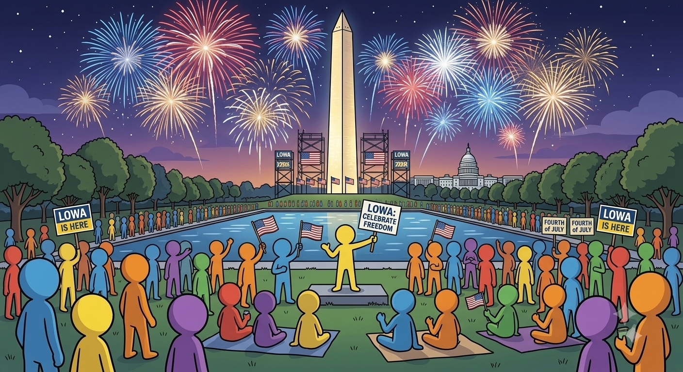 LOWA crowd at the Washington Monument on the 4th of July, fireworks overhead