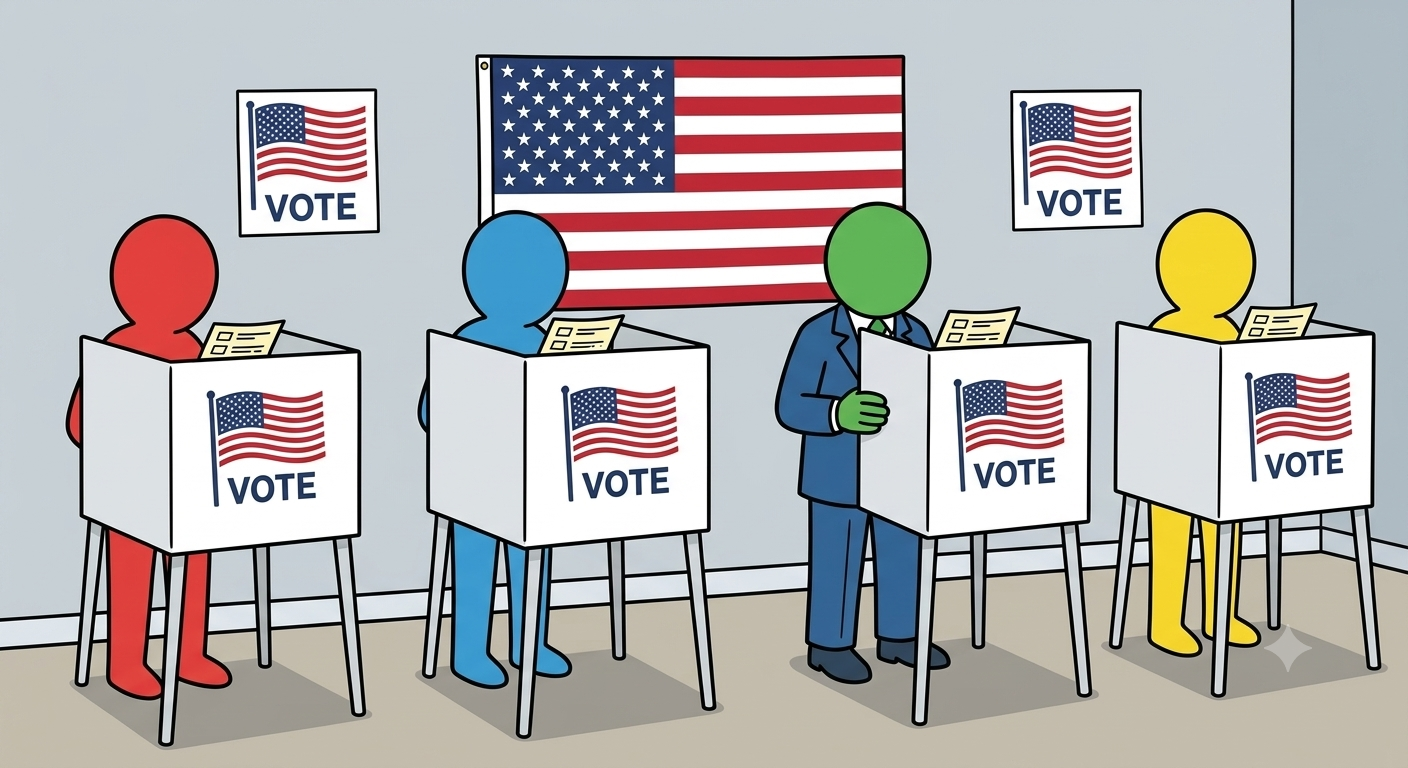 Colorful cartoon figures at voting booths with American flags
