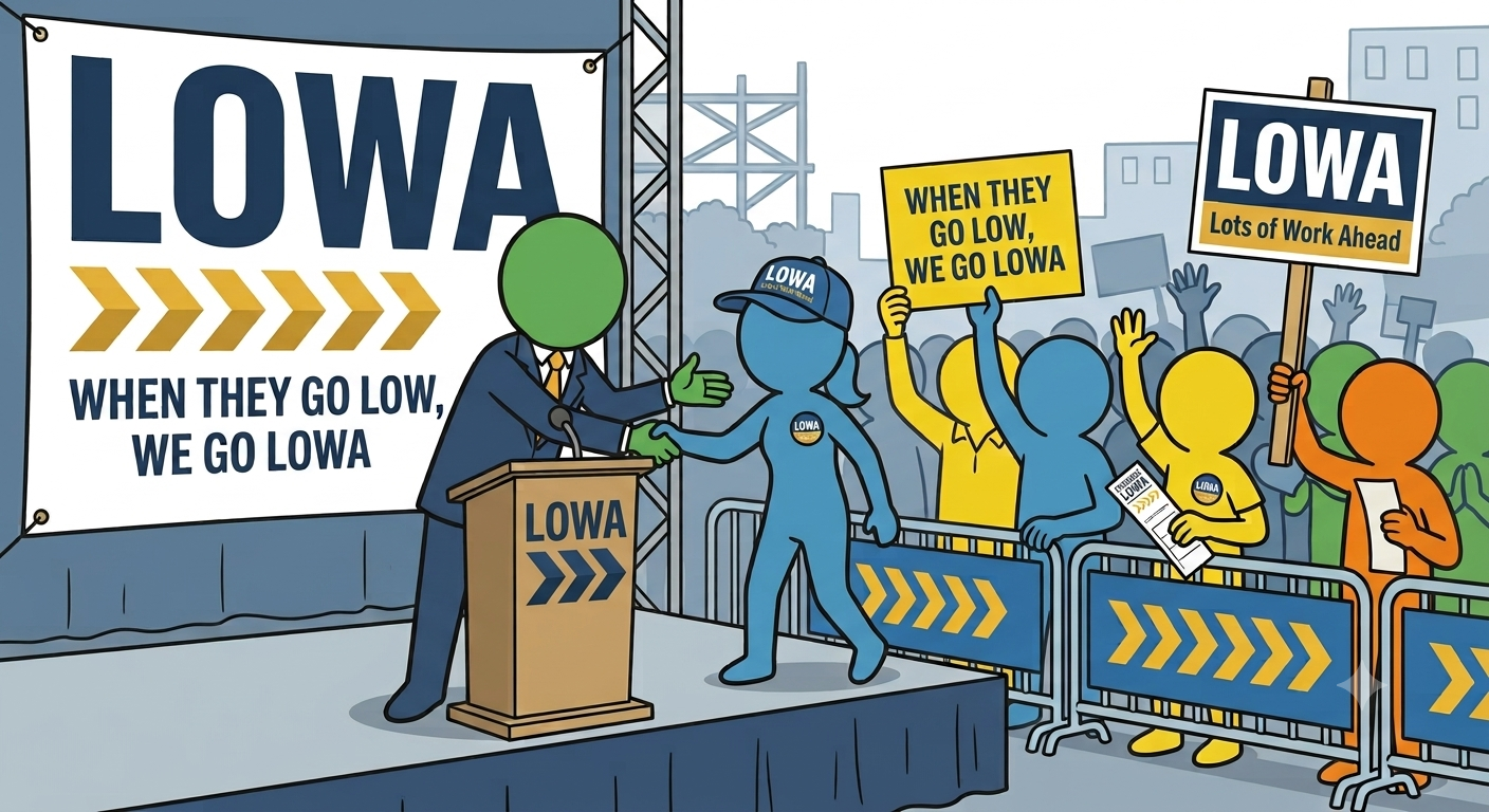 A LOWA rally — candidate at podium, crowd with signs