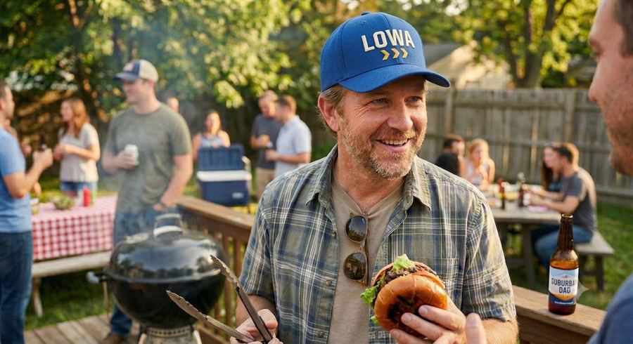Tongs in one hand, a burger in the other — LOWA at the cookout.