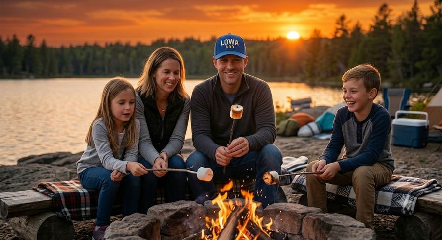 A family roasts marshmallows lakeside at sunset, dad in a LOWA cap.