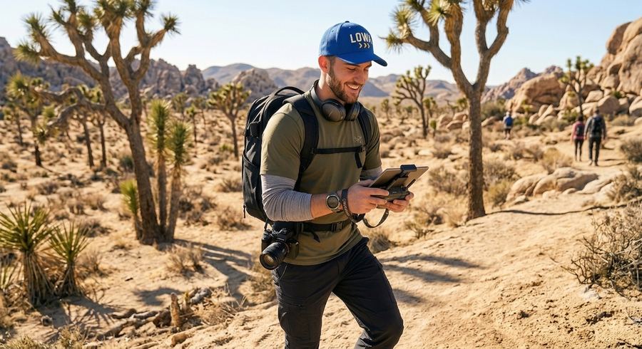 Flying a drone over the high desert, hat on for the hike.
