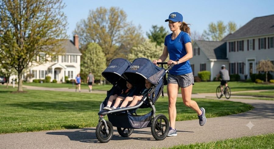 Morning miles with a double stroller and a cap that matches the pace.