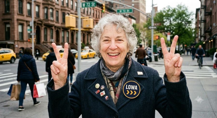 A retiree pins on a LOWA button between errands on the Upper West Side.